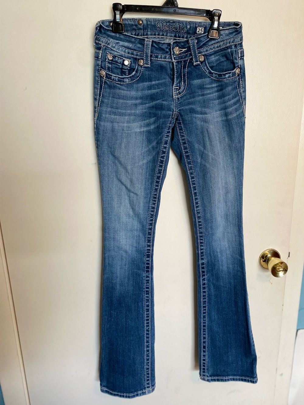 Miss Me Medium Blue Flared Jeans with Embellished Pockets